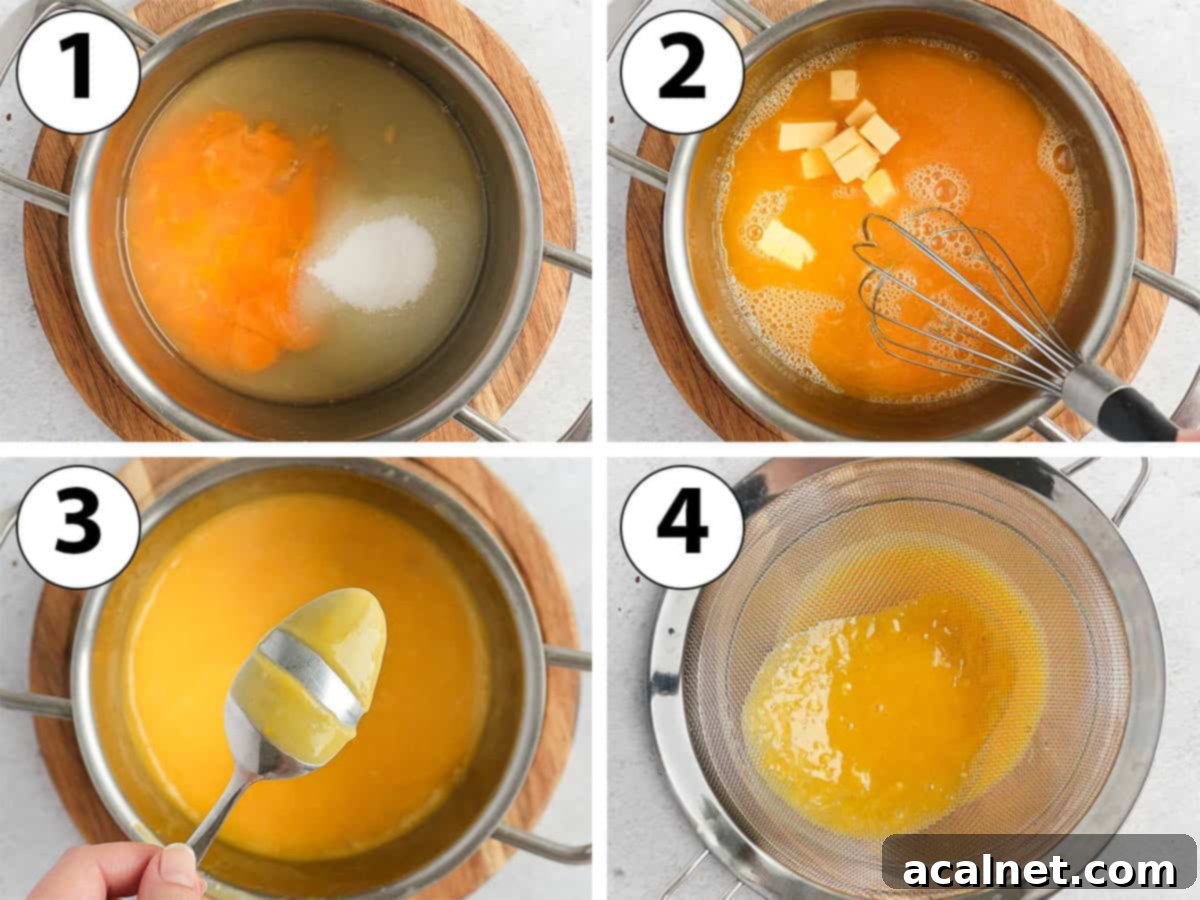 Process Shot Collage: cooking the lemon curd in a small saucepan over low heat, showing the gradual thickening.