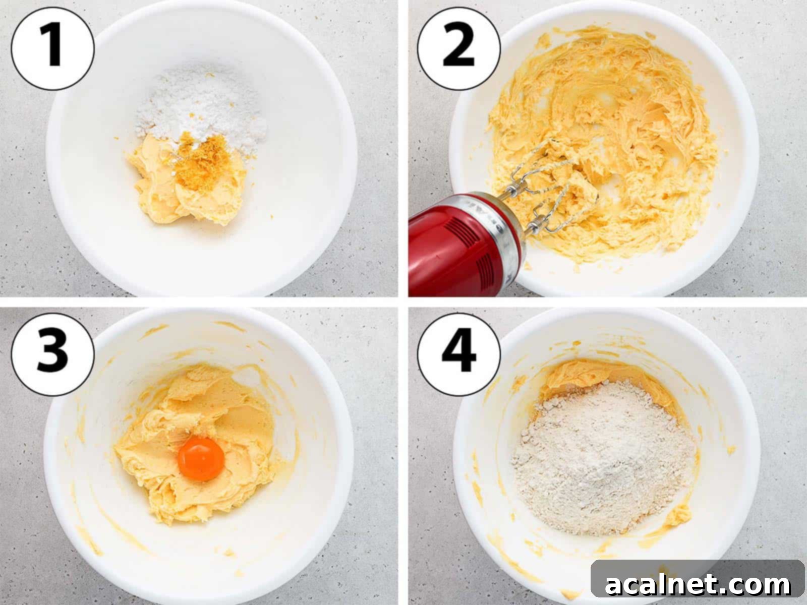 Process Shot Collage: mixing all the ingredients of the cookies in a white bowl, showing the dough coming together.