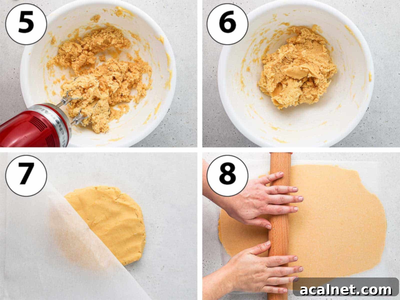 Process Shot Collage: mixing the cookie dough by hand, gathering it, and then rolling it evenly between two sheets of baking paper.