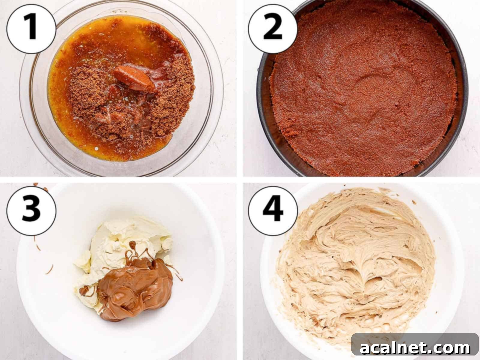 Effortless Biscoff Cheesecake Bliss 4 Process shots showing Biscoff cookies crushed and mixed with melted butter for the crust, and cream cheese being creamed in a bowl for the filling.