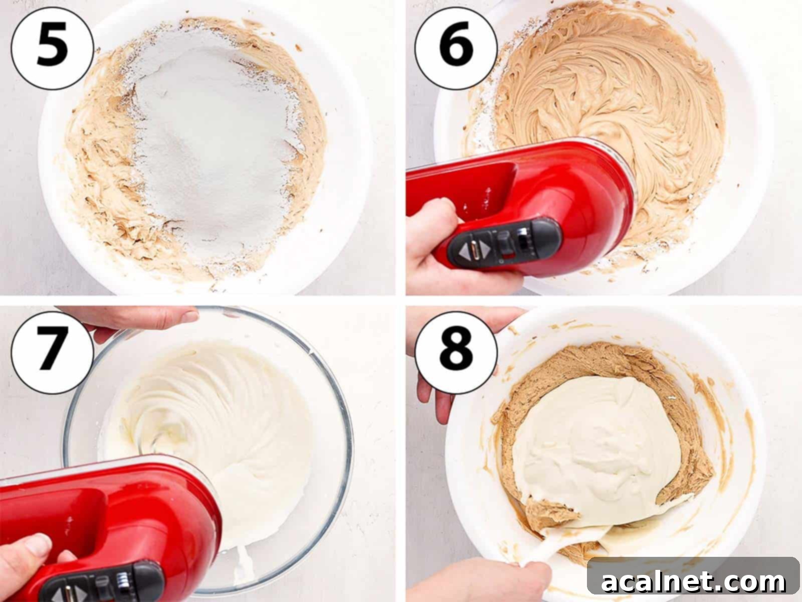 Effortless Biscoff Cheesecake Bliss 5 Process shots showing icing sugar being sifted into cream cheese mixture, then heavy cream being whipped in a separate bowl.