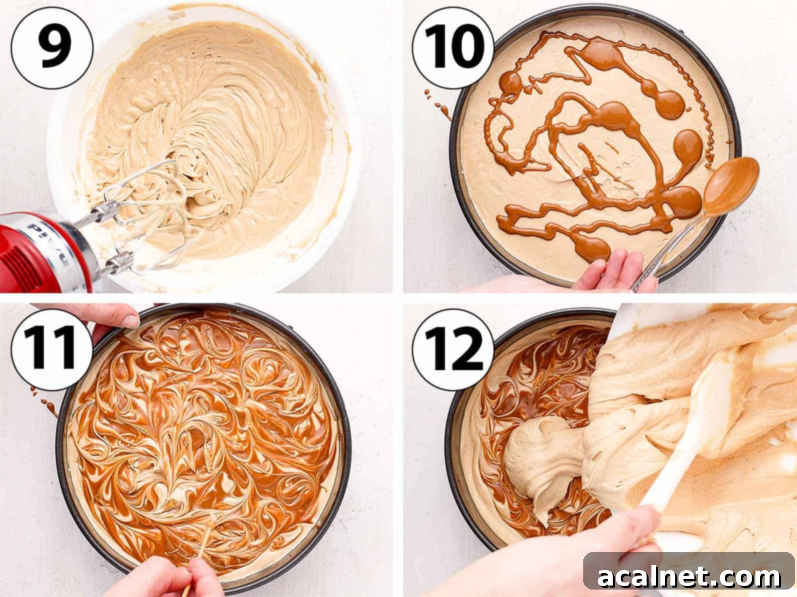 Effortless Biscoff Cheesecake Bliss 6 Process shots showing how to layer the Biscoff cheesecake mixture over the crust, drizzling melted Biscoff spread, and swirling it in with a skewer for a marbled effect.