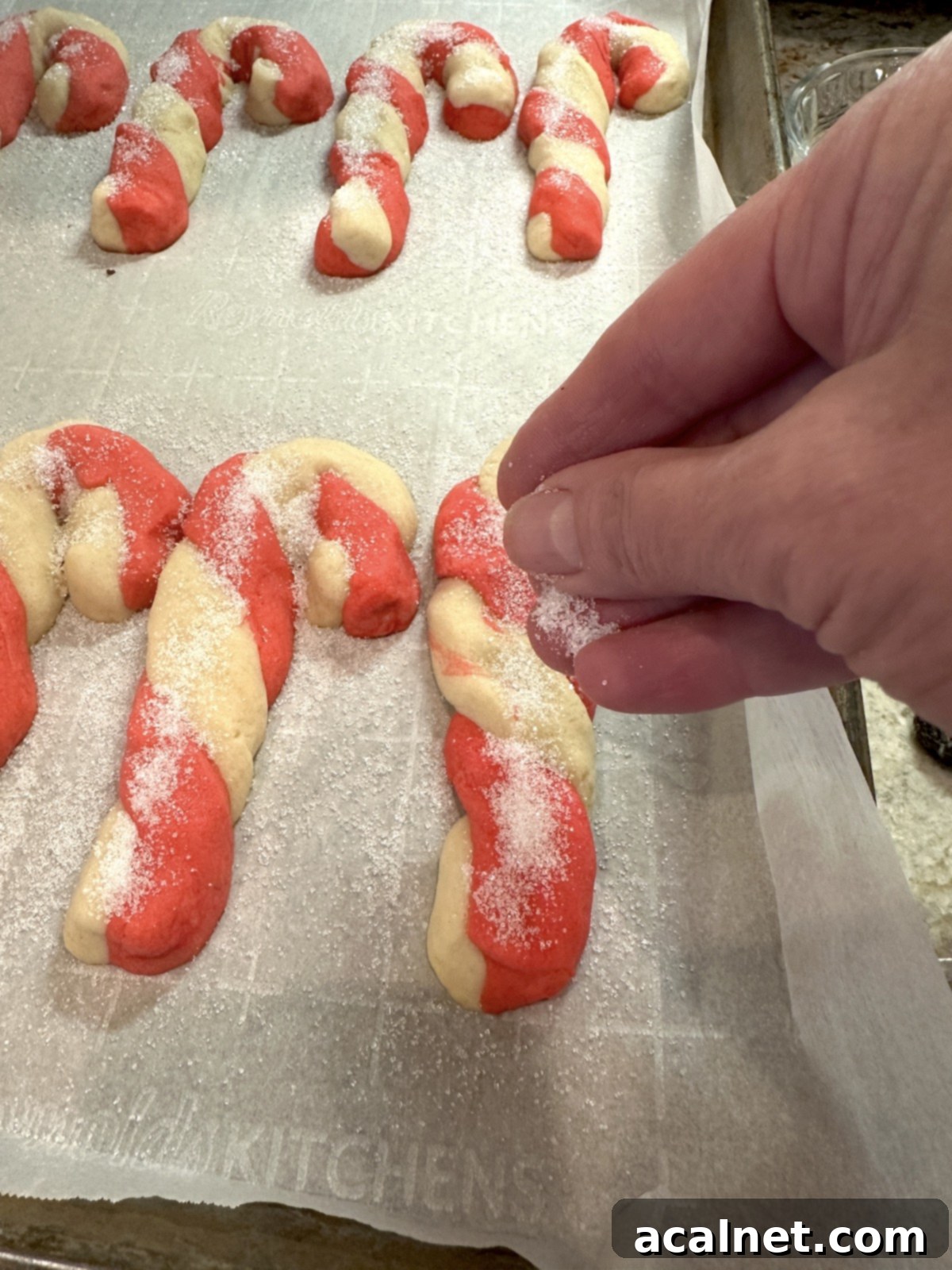 Sugar sprinkled on Christmas candy cane cookies on a baking sheet.