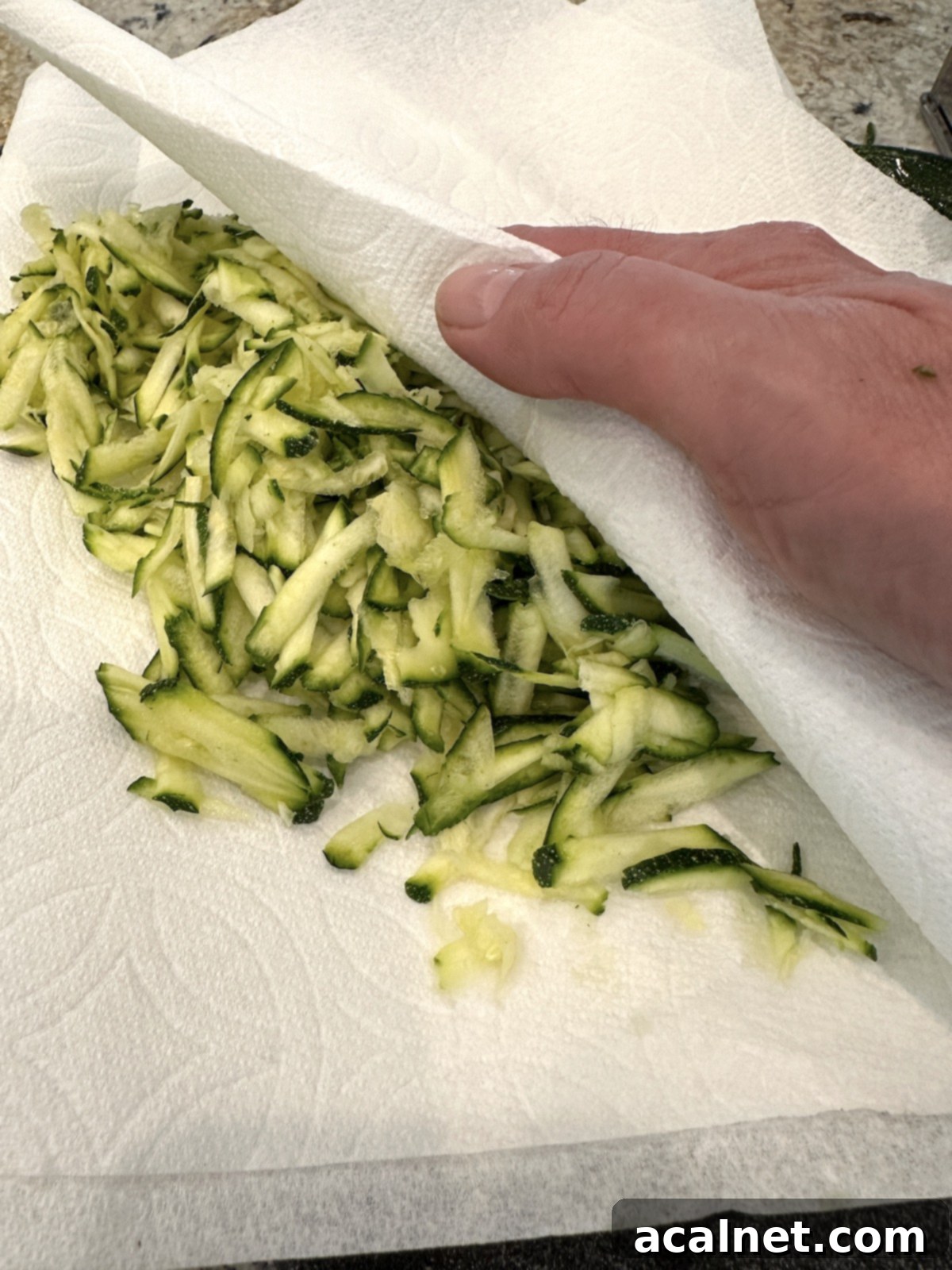 Grated zucchini pressed between two layers of paper towels to remove excess moisture.