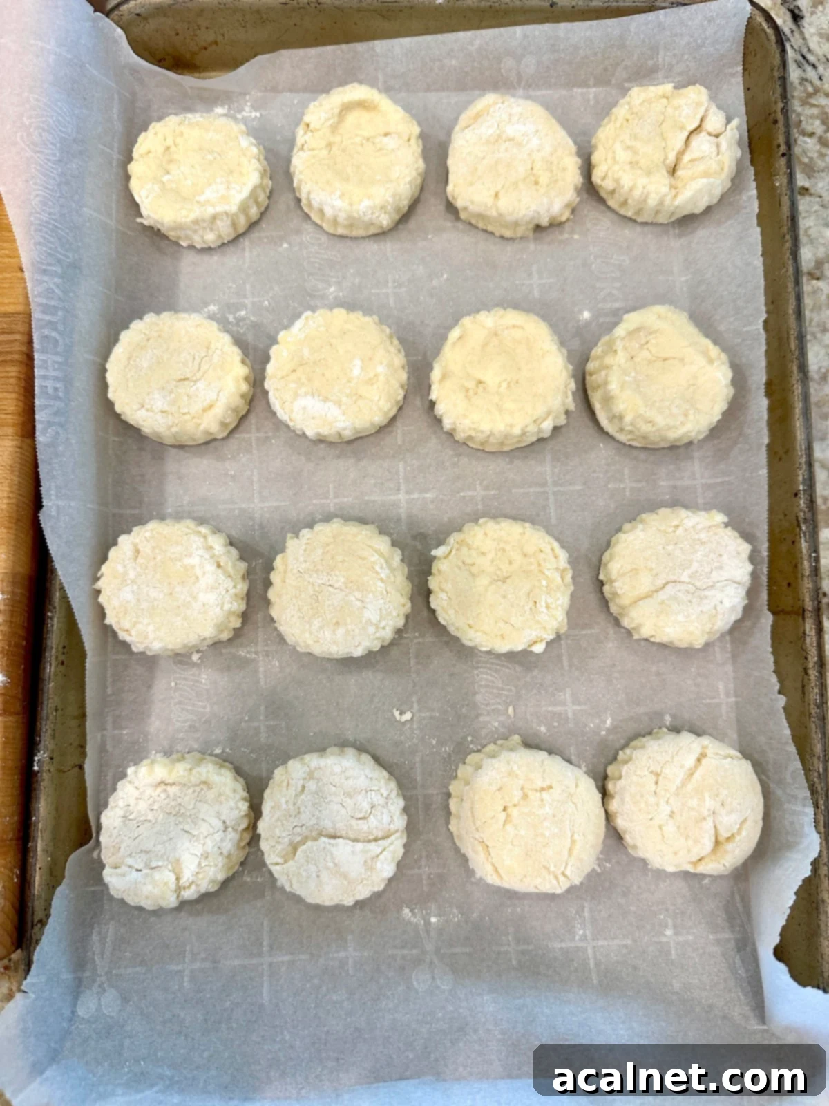 Unbaked biscuits arranged on a baking sheet lined with parchment paper.