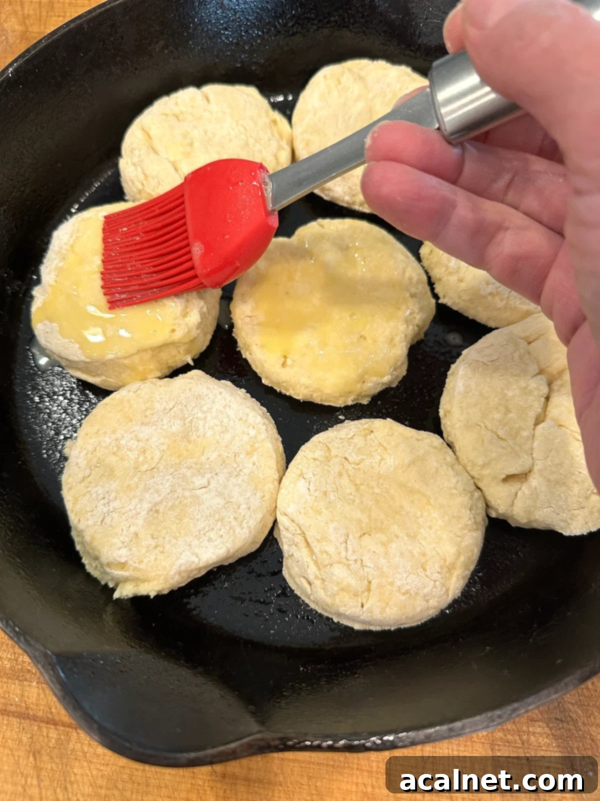 Unbaked biscuits in a cast iron skillet with an egg wash brushed on top, ready for baking.
