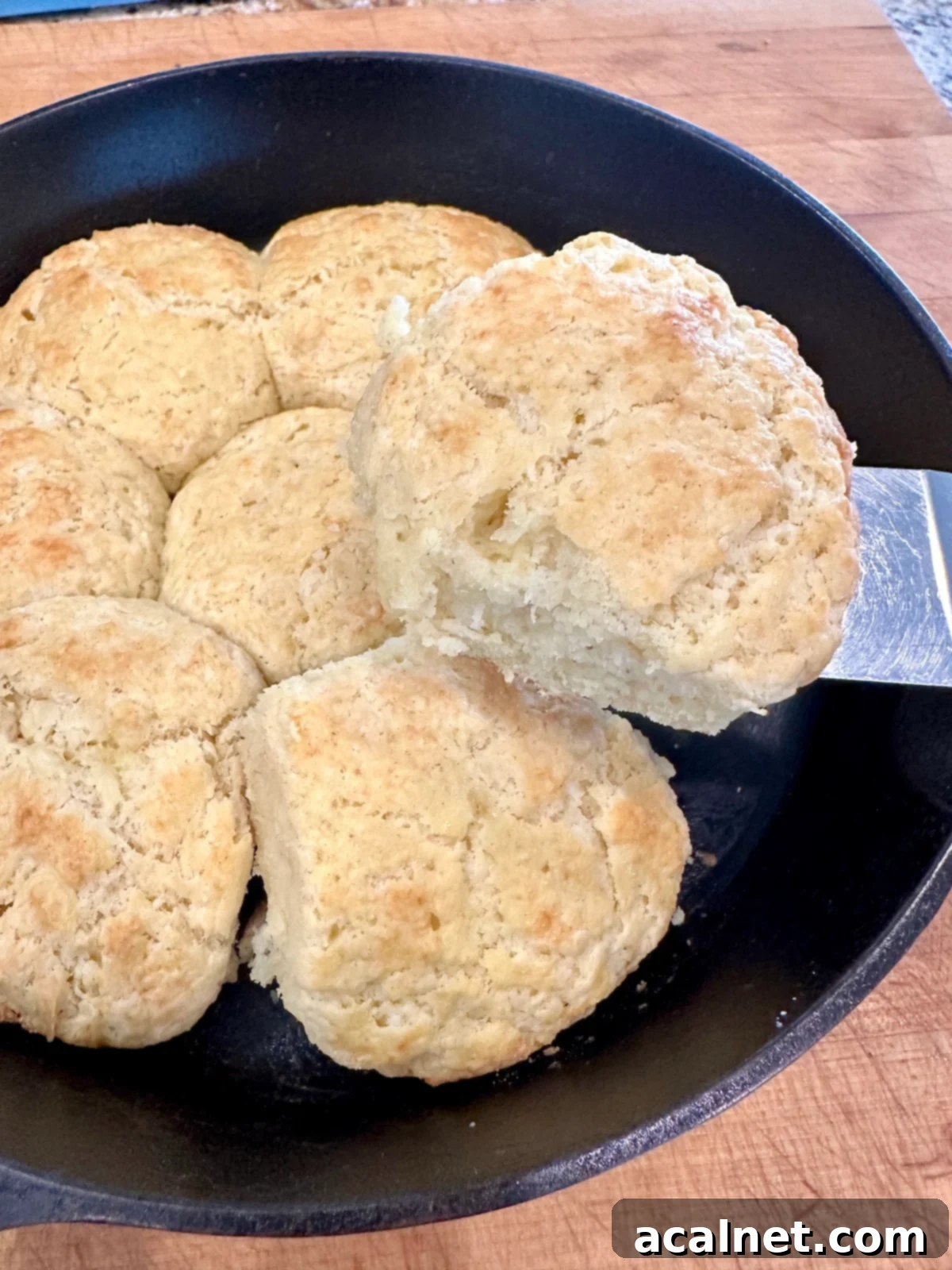 Close-up of tender, flaky, baked homemade biscuits in a cast iron skillet, golden brown and inviting.