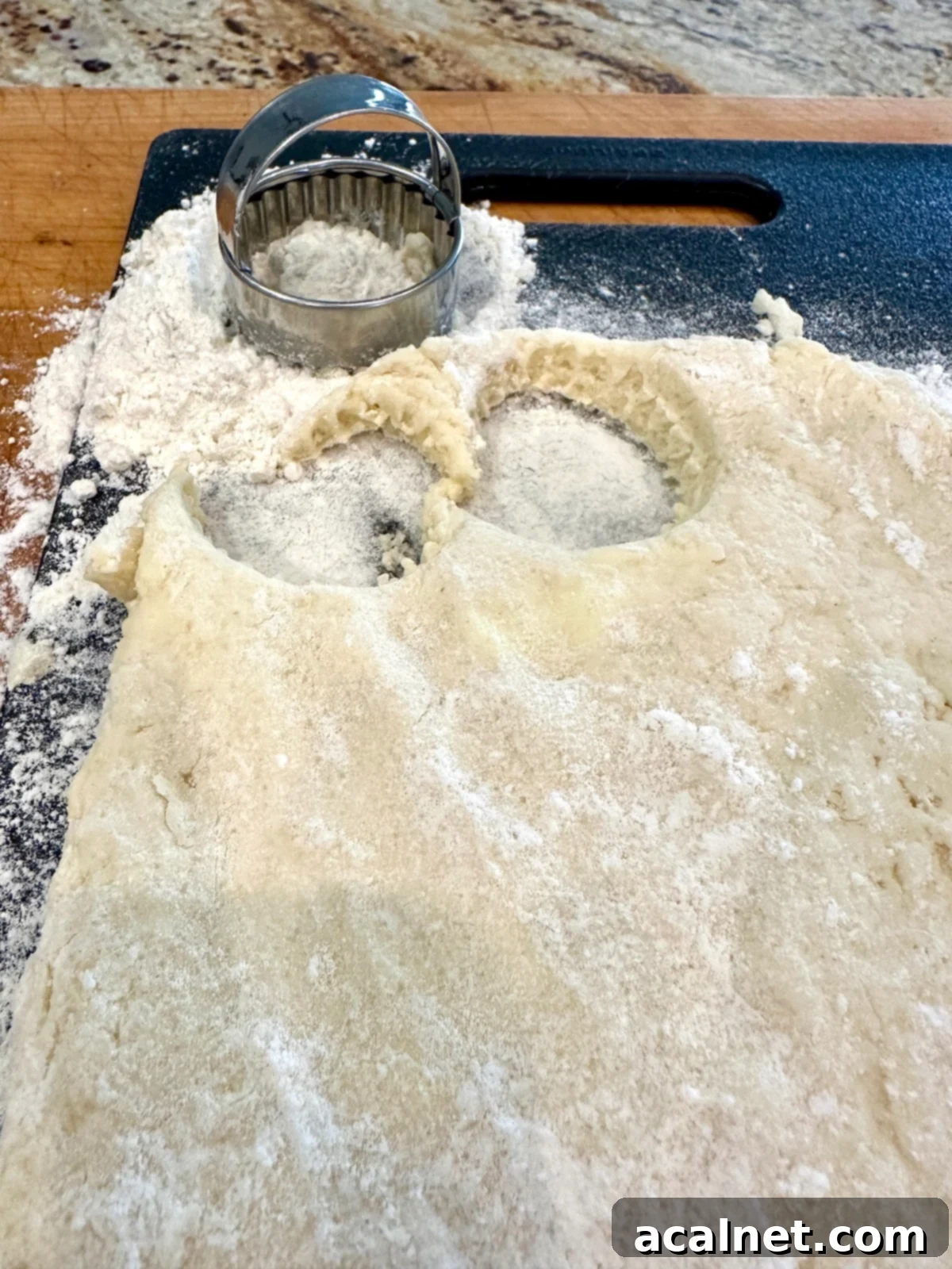 A cookie cutter pressing into homemade biscuit dough to create round shapes.