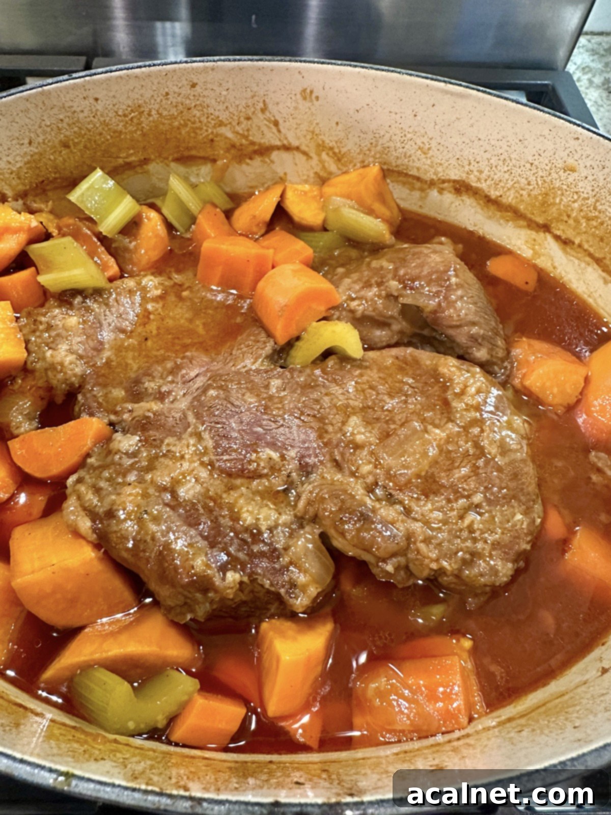 Dutch oven pot roast with vegetables.