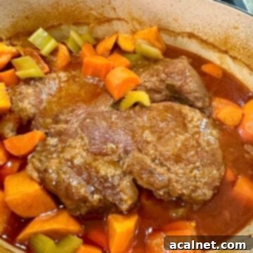 Dutch oven pot roast with vegetables.