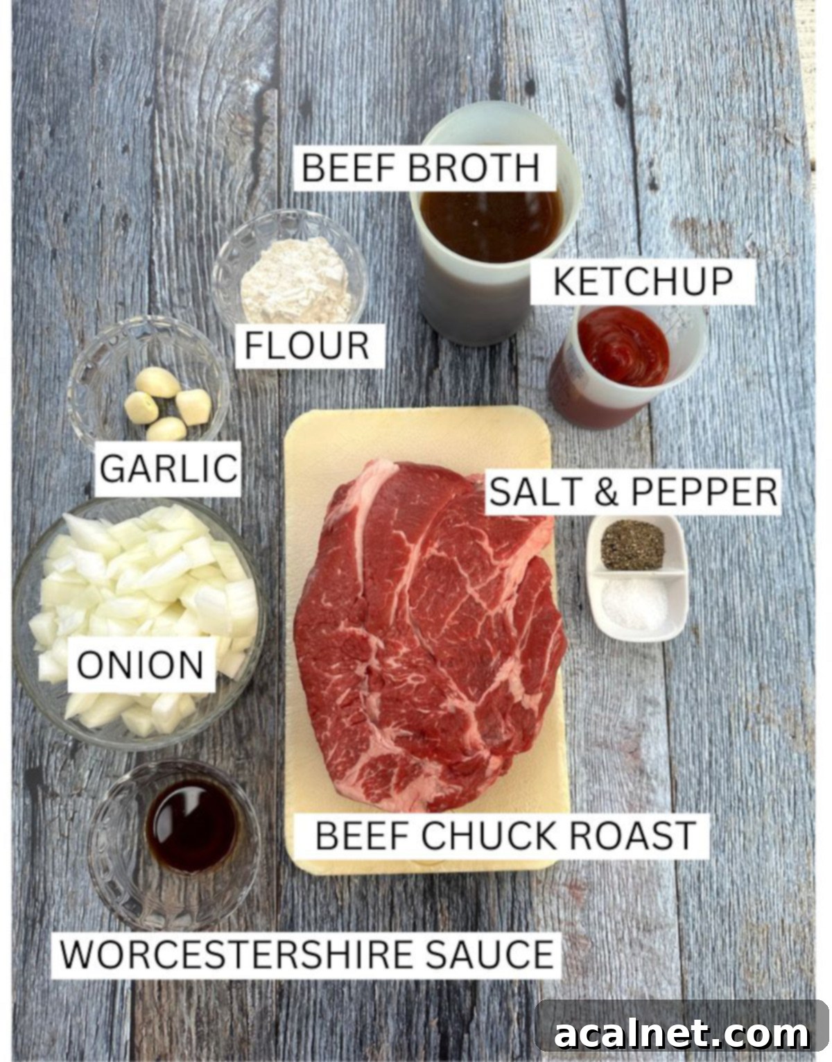 Ingredients for Dutch oven pot roast on a table.
