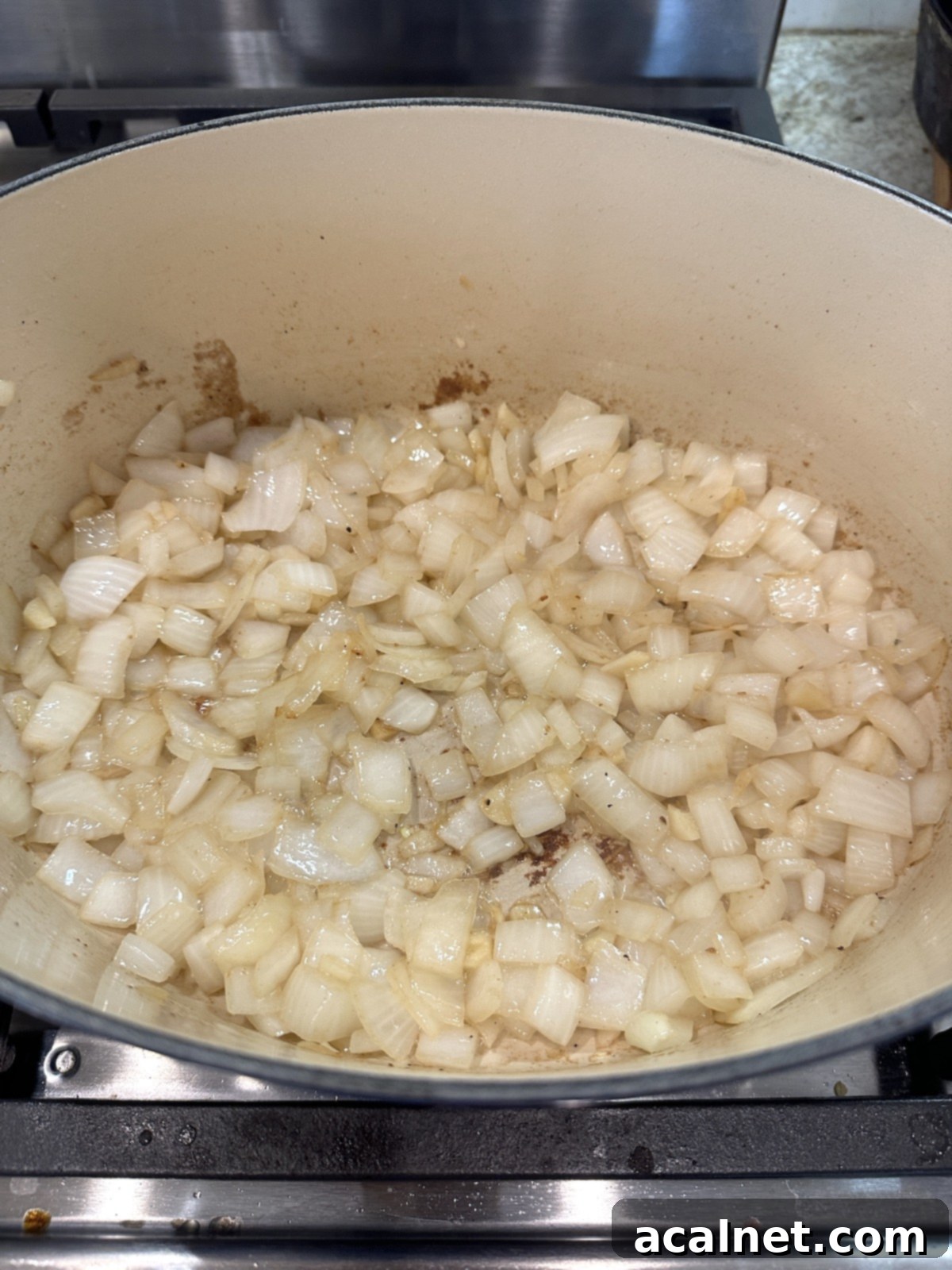 Diced onions and garlic in a Dutch oven on the stove.