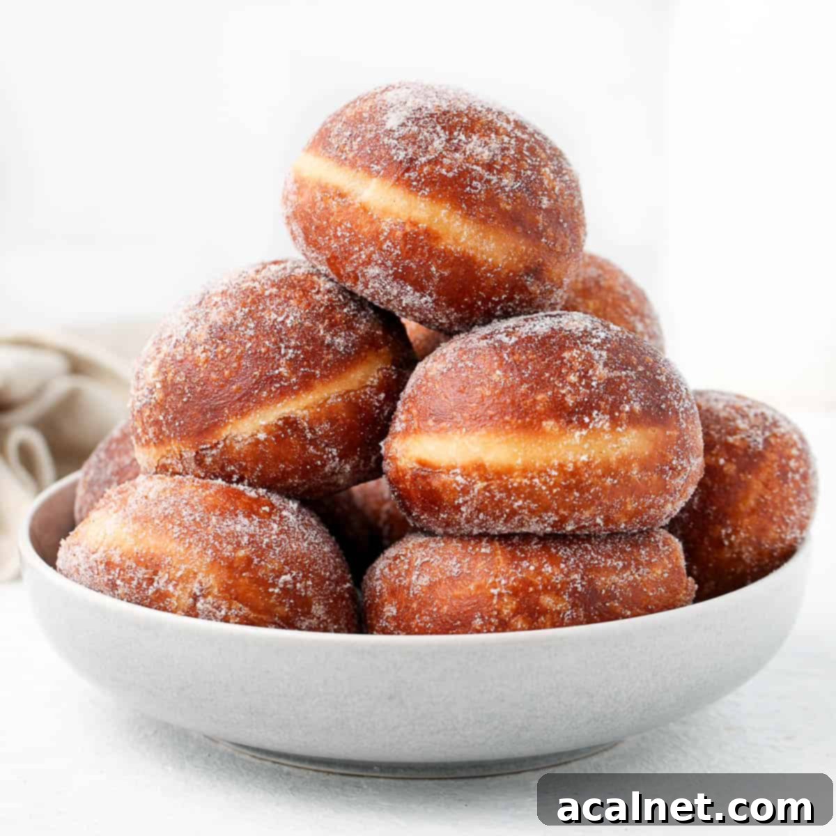 Gourmet Brioche Delights 2 Donuts stacked inside a large grey bowl, showcasing their golden-brown exterior and inviting texture.