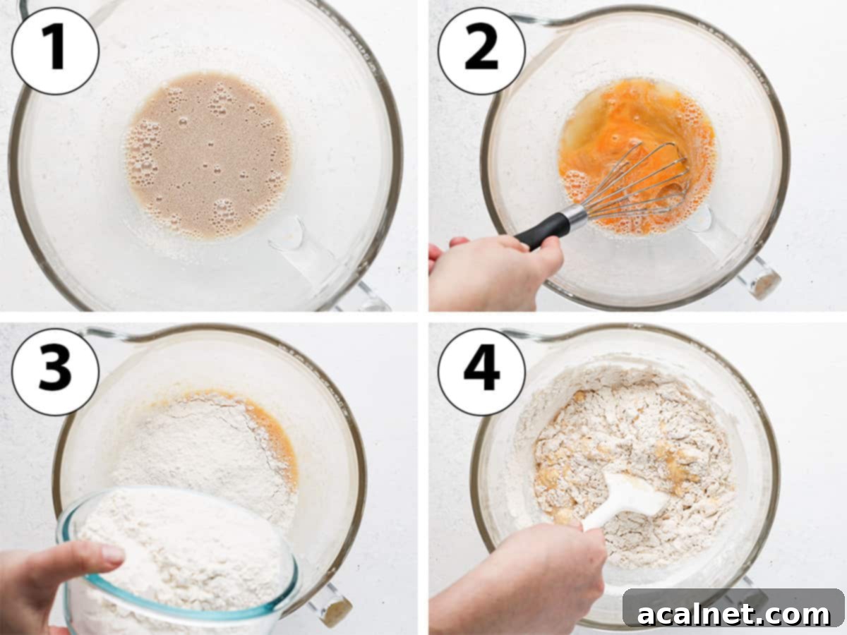 Gourmet Brioche Delights 4 Collage of process shots showing the initial mixing of ingredients in a stand mixer bowl for brioche donut dough.