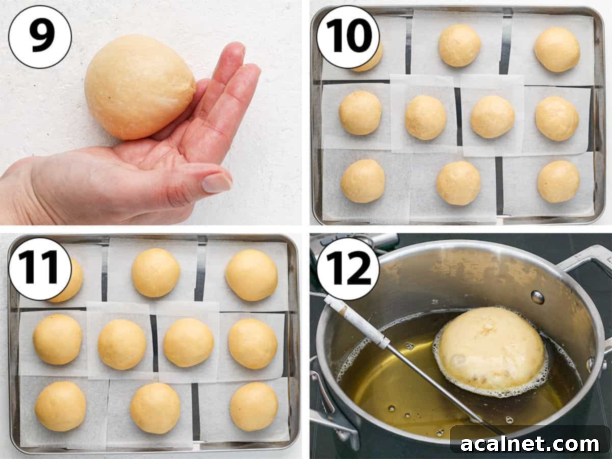 Gourmet Brioche Delights 6 Collage of process shots: shaping brioche dough into small balls and deep-frying them in a saucepan until golden.