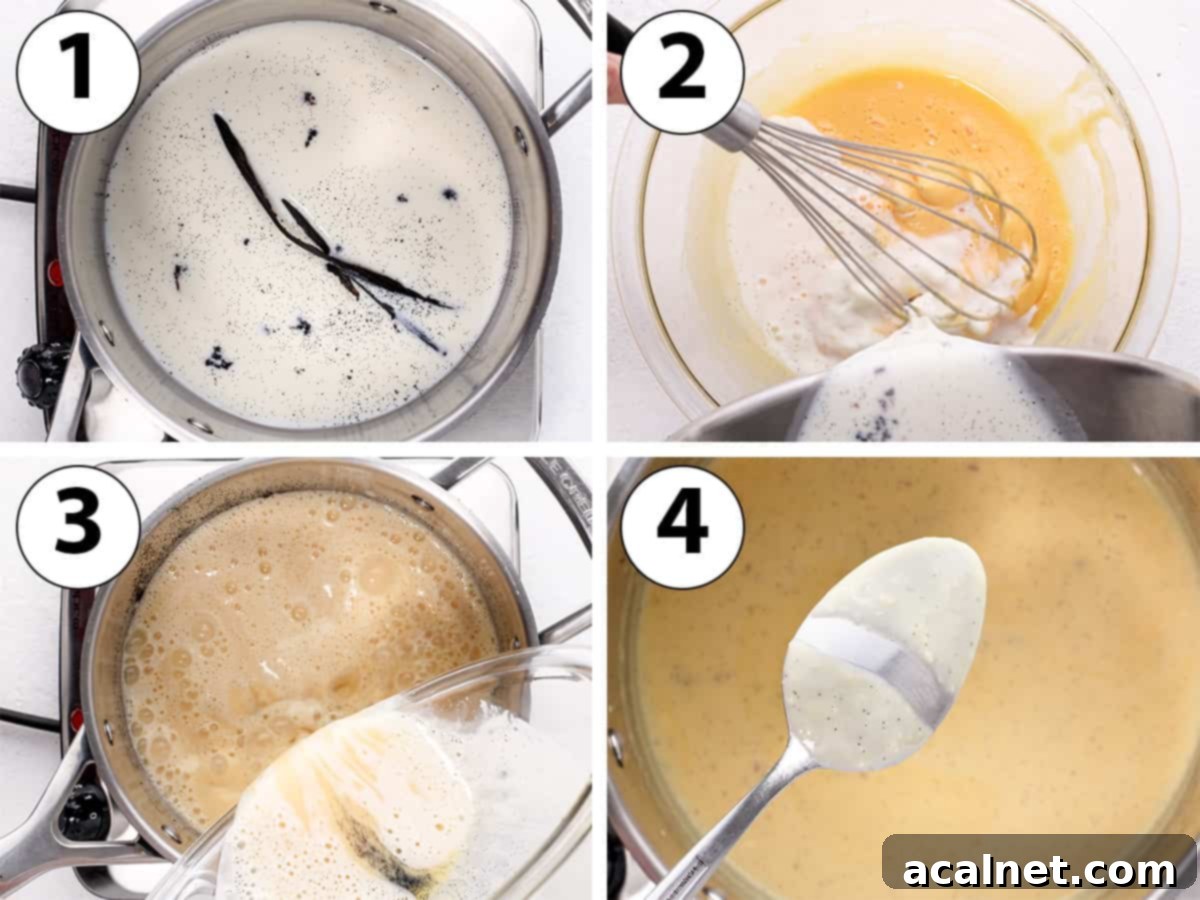 Decadent Bavarian Cream Doughnuts 5 Process Shot Collage: making and cooking the custard in a saucepan.