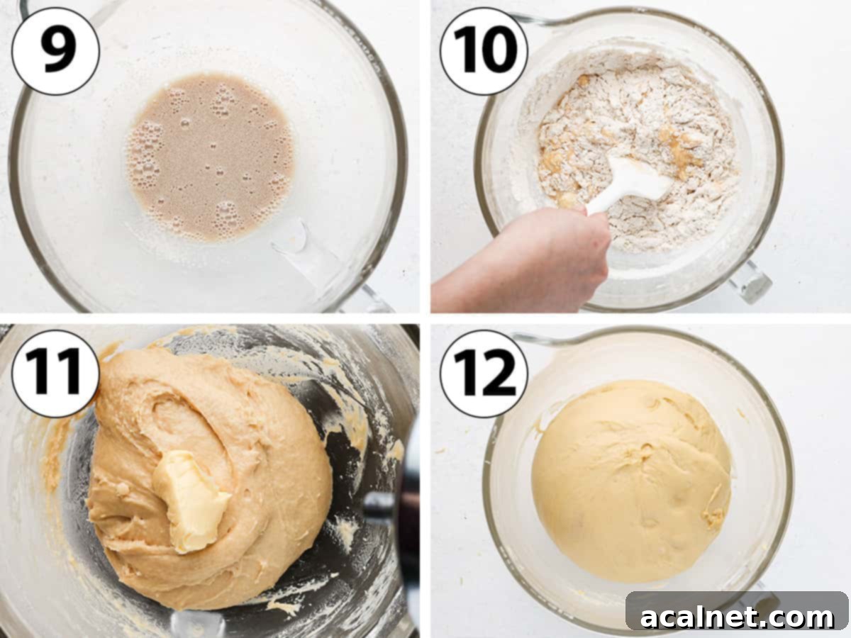 Decadent Bavarian Cream Doughnuts 6 Process Shot Collage: mixing the ingredients and kneading the donut dough.