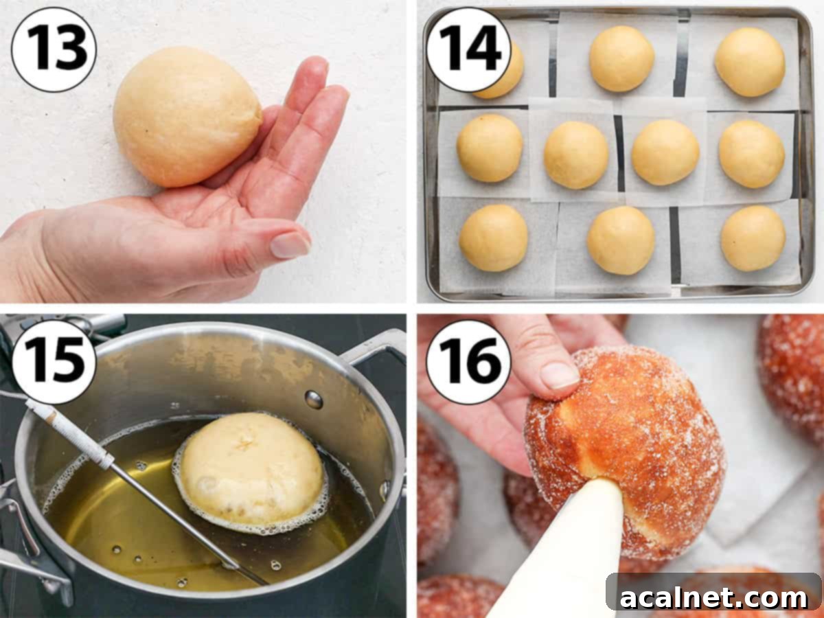 Decadent Bavarian Cream Doughnuts 7 Process Shot Collage: shaping and frying the donuts then filling them with the cream.