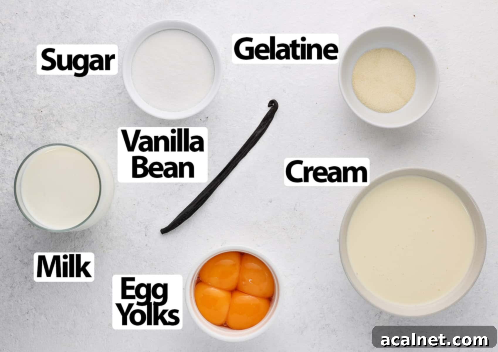 Carefully arranged ingredients for Bavarian Cream on a pristine white surface, including milk, vanilla bean, eggs, sugar, gelatin, and heavy cream.