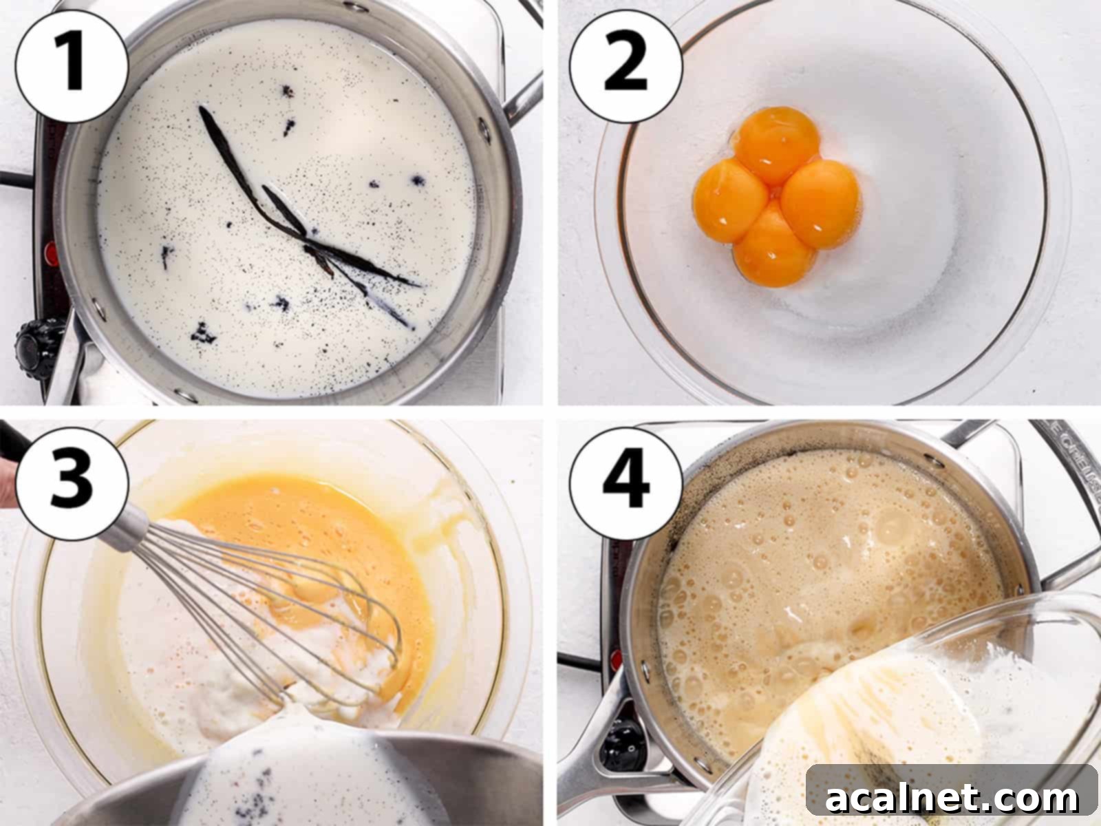 A visual guide showing three key stages: infusing milk with vanilla, whisking egg yolks and sugar, and tempering the eggs by gradually combining milk and egg mixtures.