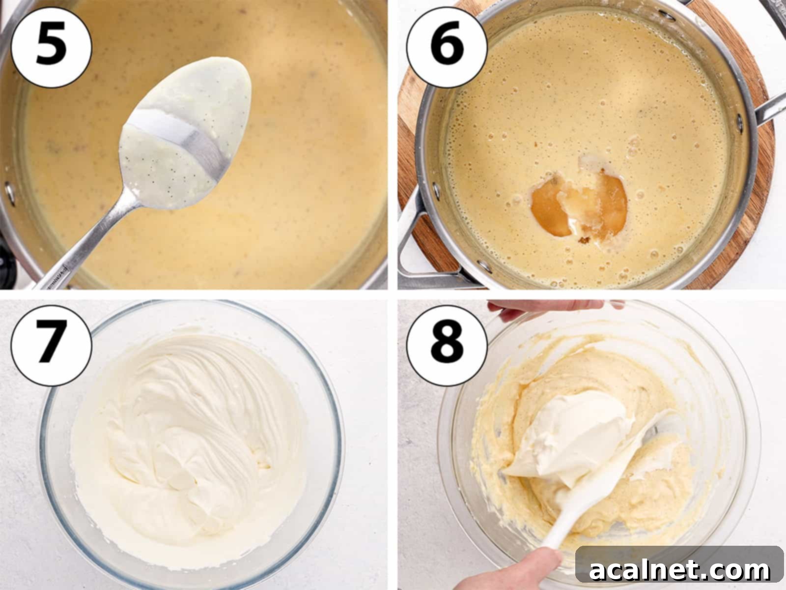 A collage showing the process of adding gelatin to warm custard, whipping heavy cream to stiff peaks, and gently folding the whipped cream into the cooled custard.