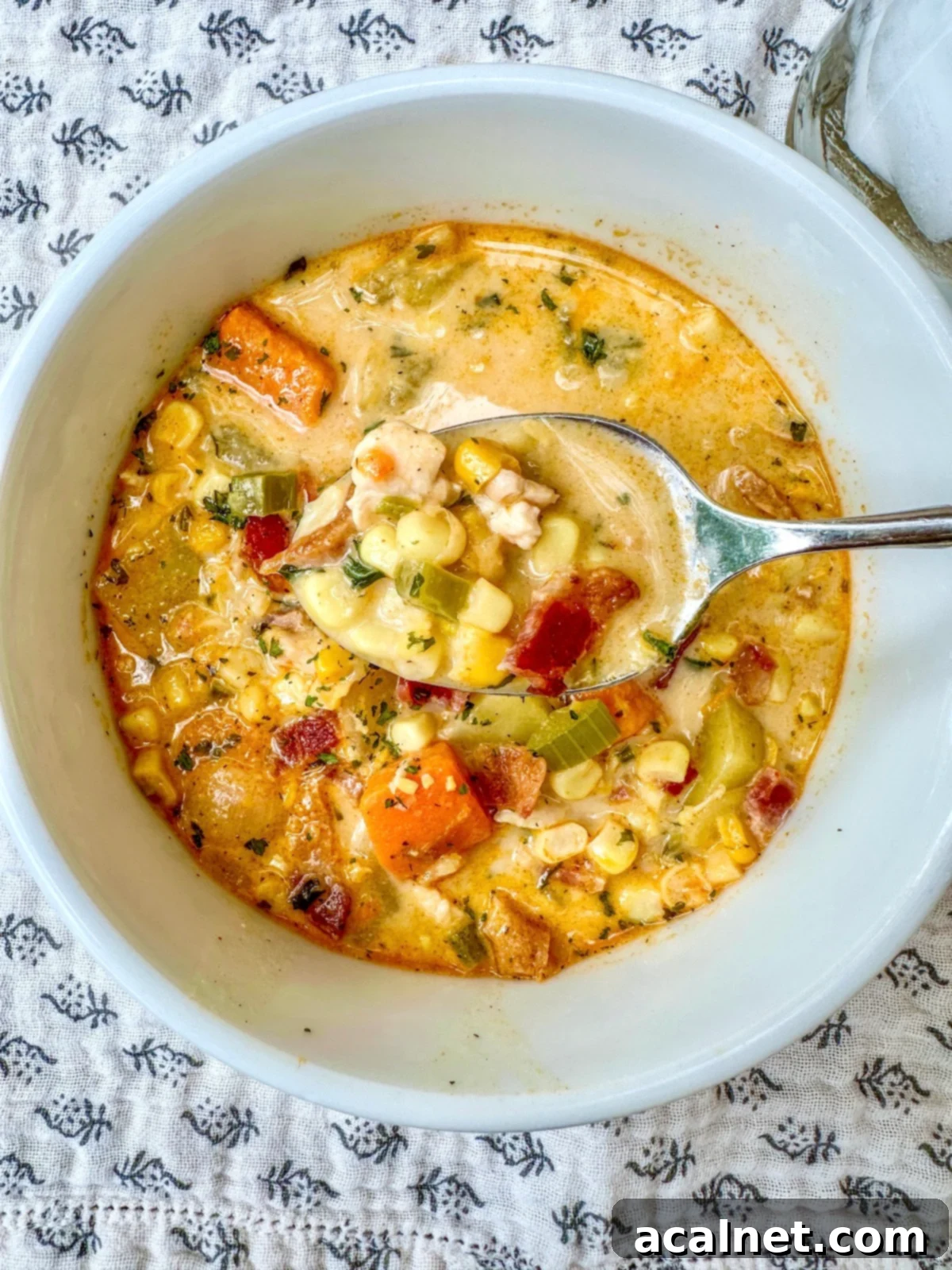 Golden Harvest Chowder 2 Creamy corn and potato soup in a bowl with a spoon, showing a rich, golden texture with visible corn and potato pieces.