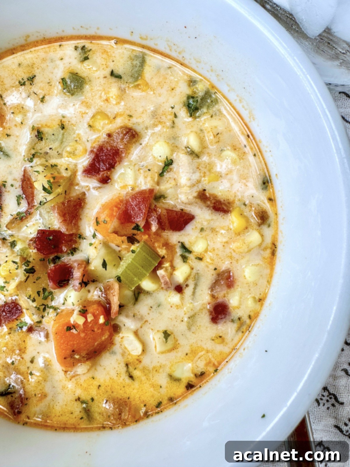 Golden Harvest Chowder 11 A close-up shot of a bowl of creamy corn and potato soup, featuring visible sweet potatoes, corn kernels, and a rich, light cream sauce.