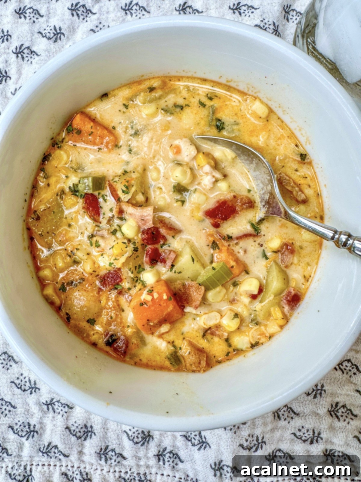 Golden Harvest Chowder 12 A generous serving of creamy corn and potato soup, garnished with crispy bacon and fresh herbs, in a deep serving bowl, ready to be enjoyed.