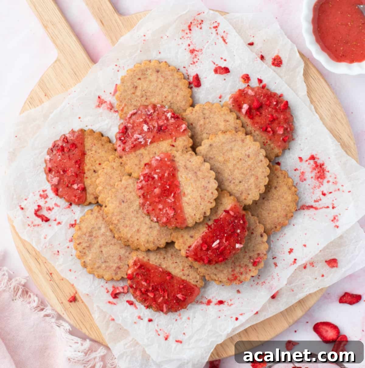 Cookies stacked on top of a round wooden board lined with baking paper.