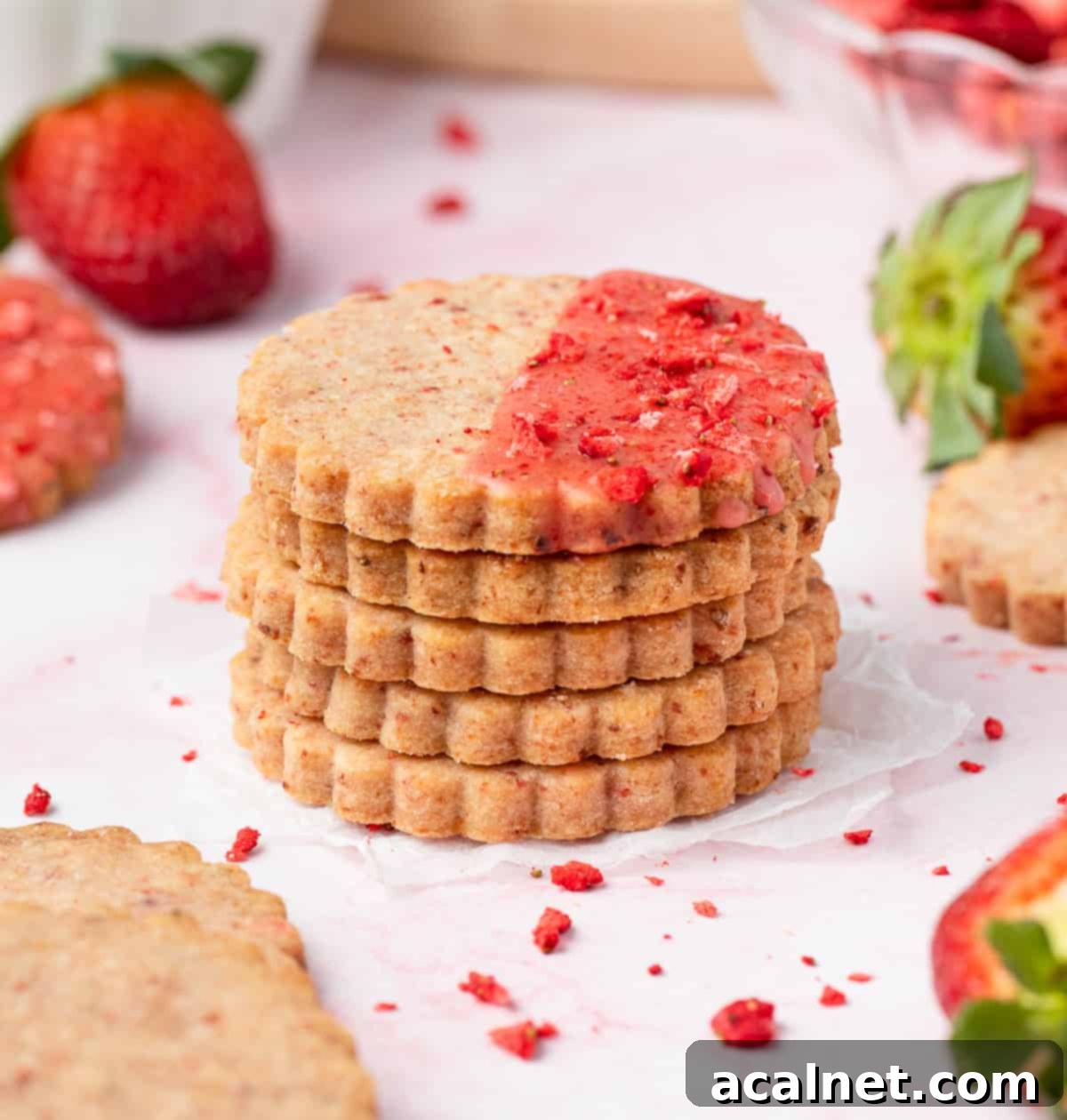 45 degree view on 5 cookies stacked over a pink surface.