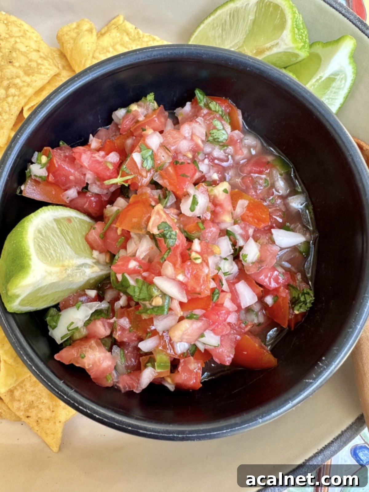 Zesty Jalapeño-Lime Pico de Gallo 2 Fresh homemade pico de gallo in a beautiful serving bowl, garnished with lime wedges and surrounded by crispy tortilla chips.
