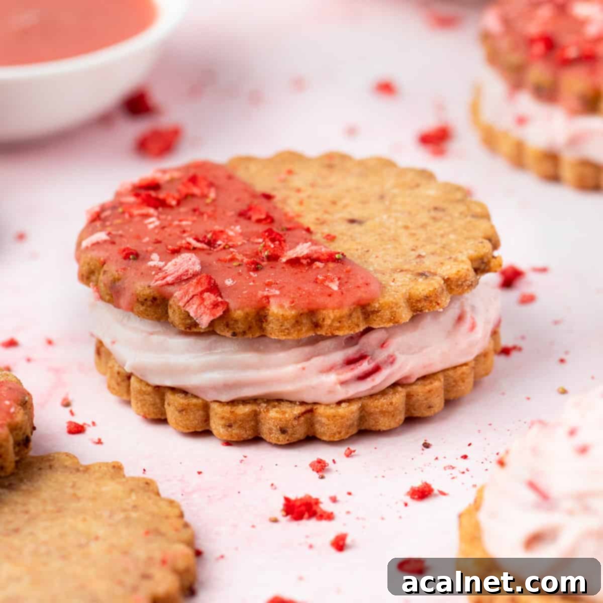 Close up on one perfectly assembled strawberry cheesecake cookie sandwich over a pink surface, adorned with freeze-dried strawberry crumbs.