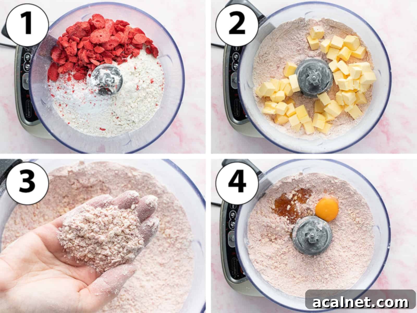 Process Shot Collage showing four stages of making strawberry shortbread cookie dough in a food processor, from dry ingredients to a rough dough.