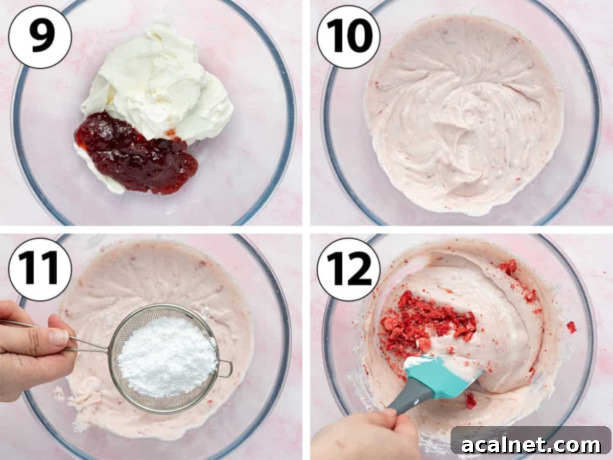 Process Shot Collage showing the stages of making strawberry cream cheese frosting in a glass bowl.