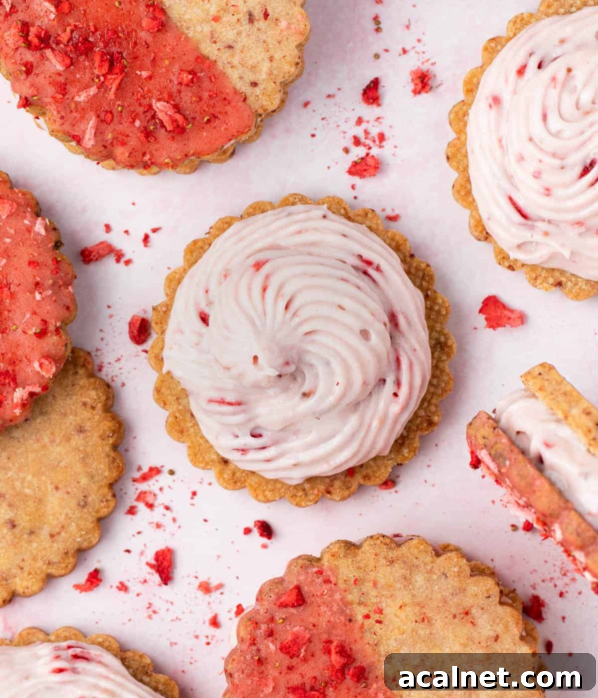 Detailed shot of cheesecake filling being piped over a shortbread cookie, seen from a top-down perspective, prior to adding the top cookie.