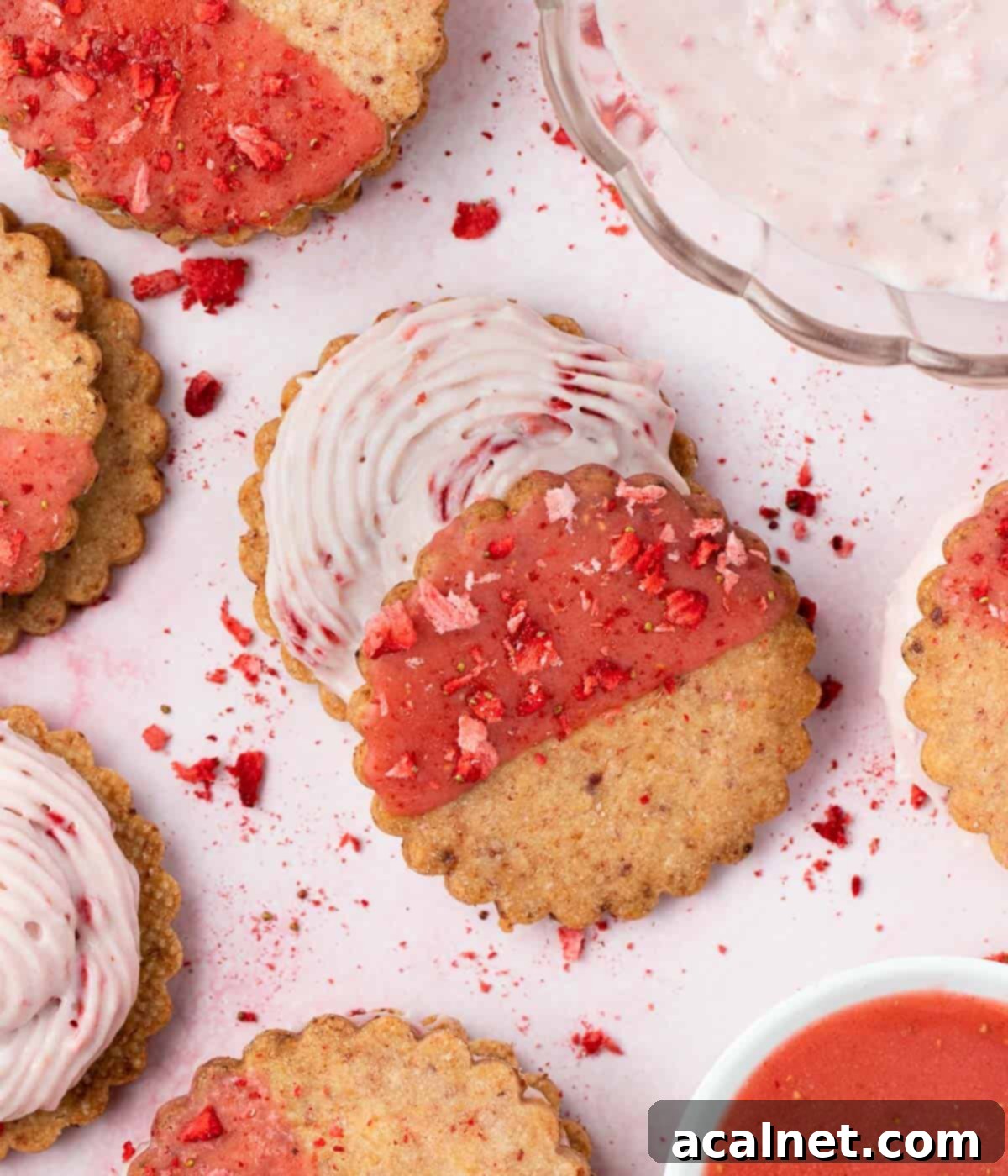 Assembling a strawberry cheesecake cookie sandwich by gently placing the top cookie onto the piped filling.