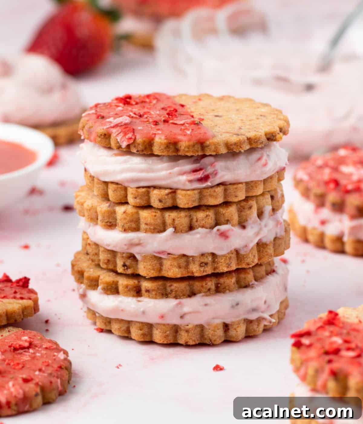 Three stacked strawberry cheesecake cookies with glaze and crumbs on a pink surface.