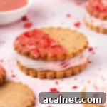 Close up on one cookie on a pink surface surrounded by freeze dried strawberry crumbs.