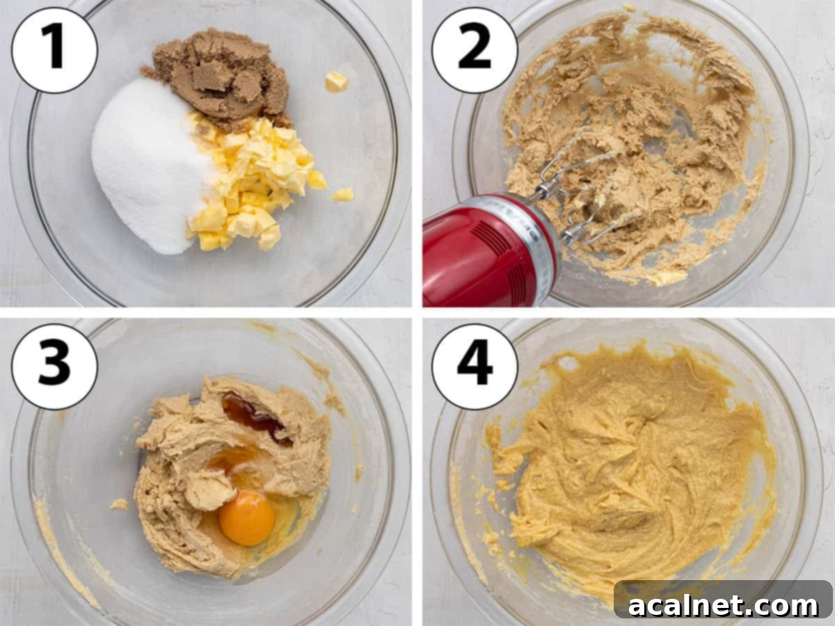 Process Shot Collage: step-by-step photos showing creaming butter and sugar, then adding egg and vanilla to the mixture.