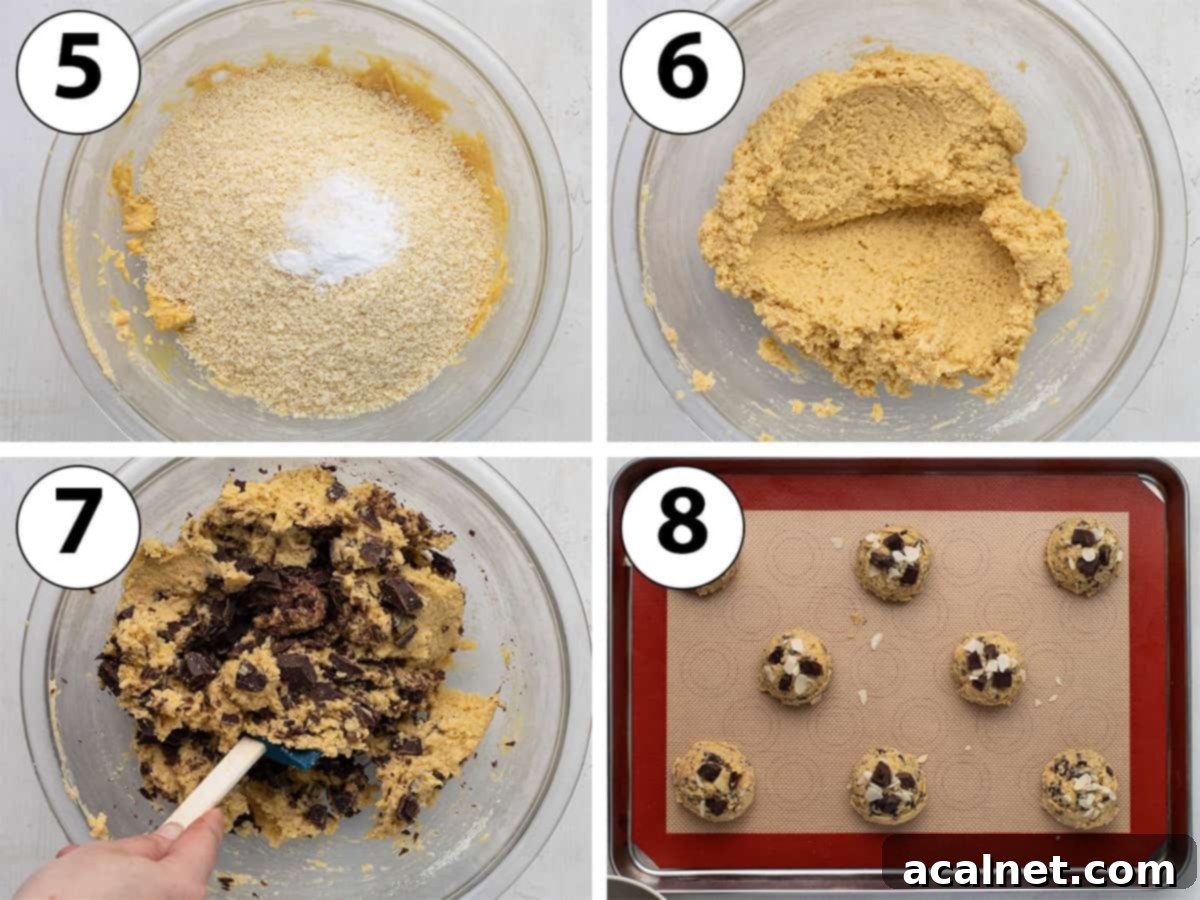 Process Shot Collage: showing the steps of mixing in almond meal and chocolate chunks, then scooping the cookie dough onto a baking sheet.