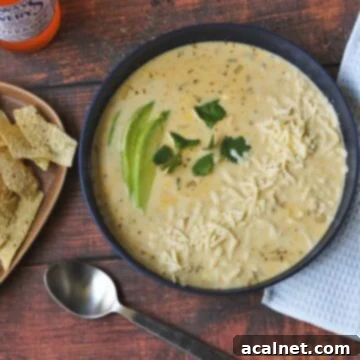 A bowl of creamy and hearty Dutch oven white chicken chili, garnished with fresh cilantro and cheese.