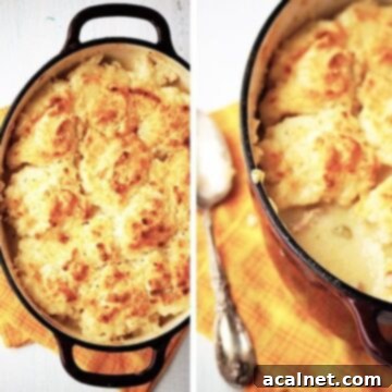 A savory chicken pot pie, generously topped with golden, flaky biscuits, baked in a Dutch oven.
