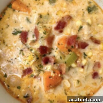 A hearty bowl of creamy corn and potato soup, with tender chicken and a rich, silky broth.