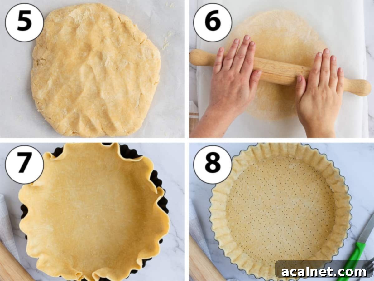 Process Shot Collage: rolling the quiche pastry and lining it in the tart pan.