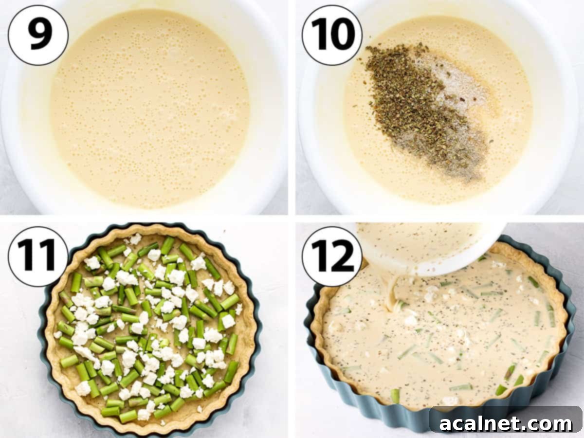 Process Shot Collage: mixing the ingredients for the custard filling, placing the asparagus and feta inside the pastry and adding the filling.