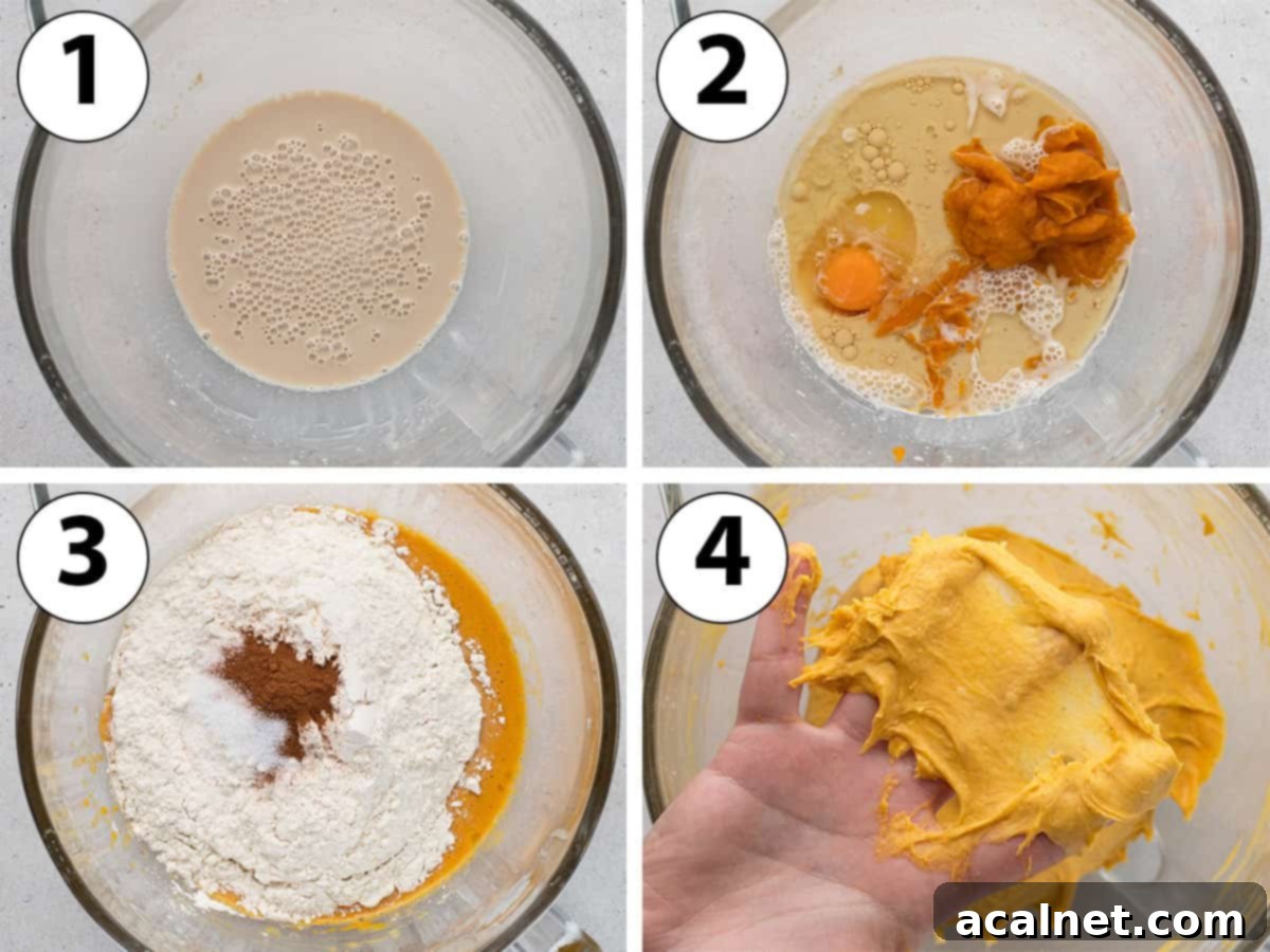 Process Shot Collage showing the initial steps of mixing the pumpkin bun dough ingredients in a stand mixer bowl.