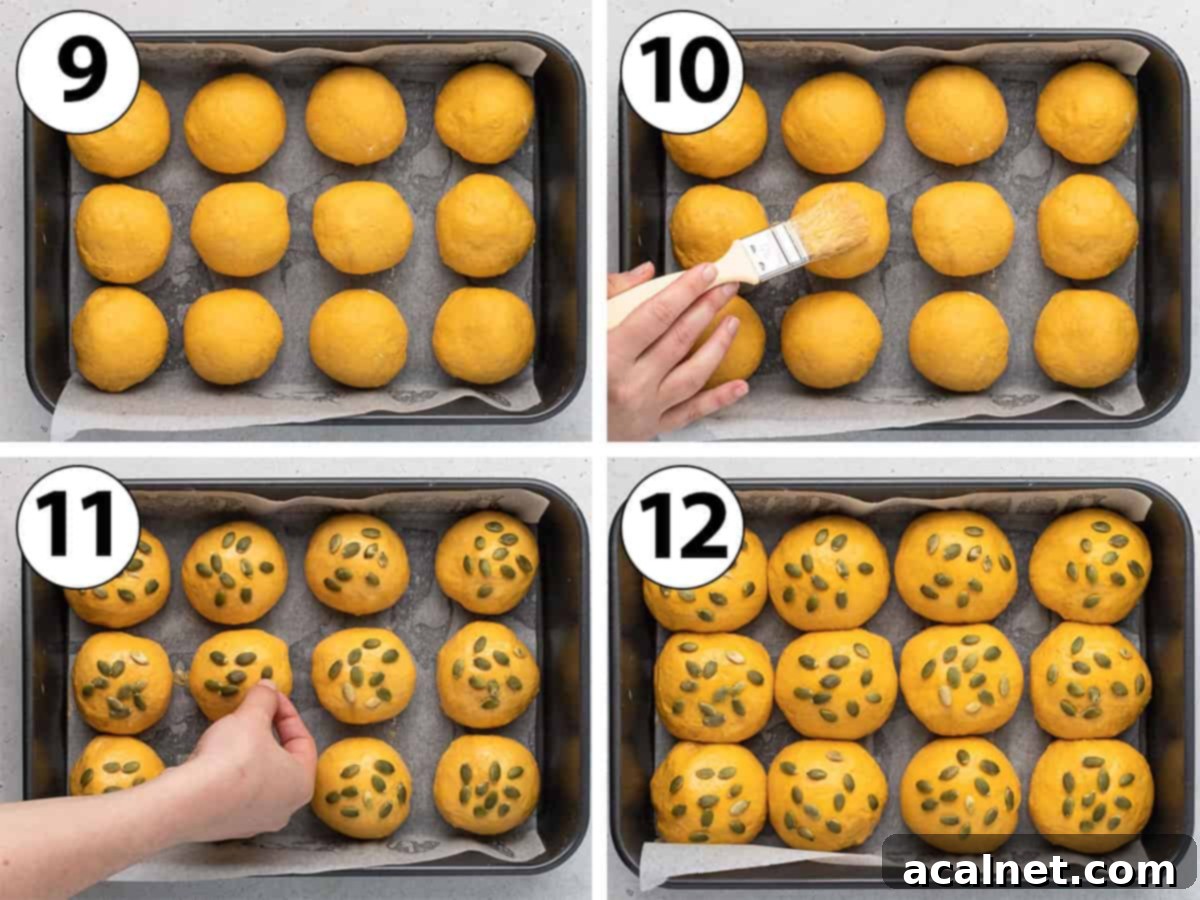 Process Shot Collage illustrating the final proofing stage, egg wash application, and pumpkin seed topping before baking.