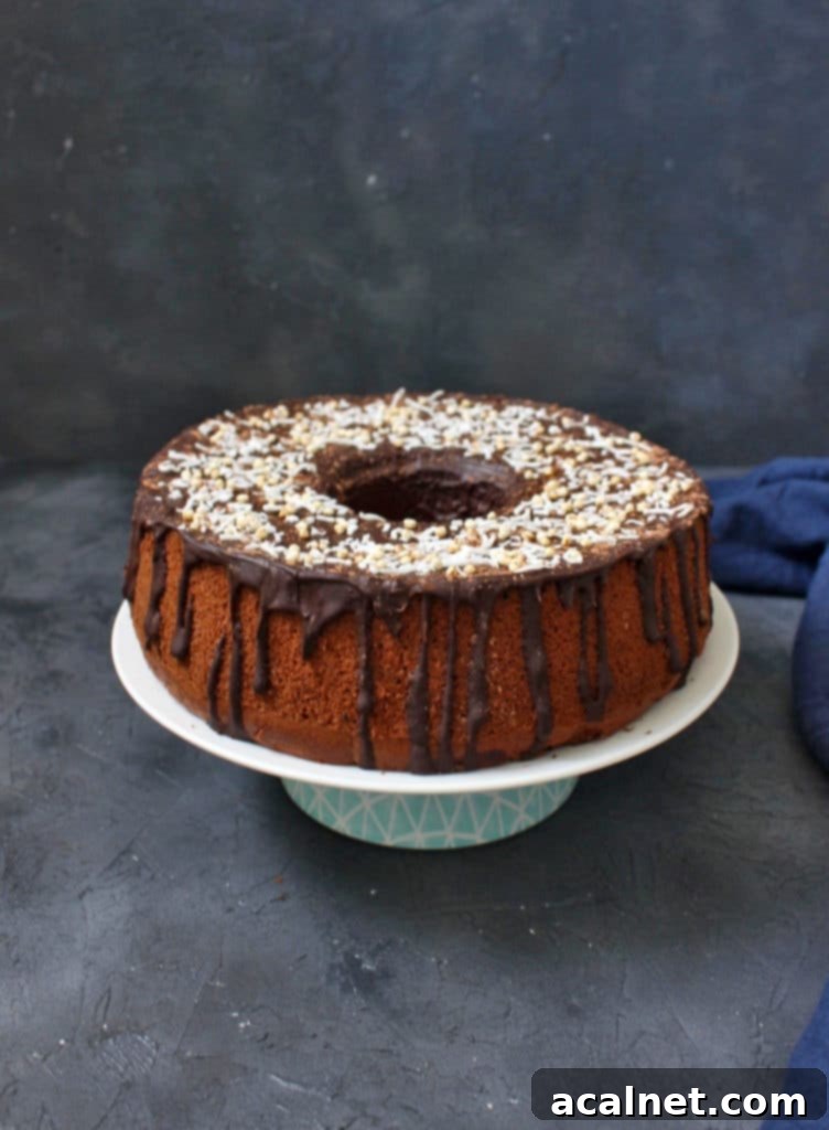 The finished Chocolate Chiffon Cake, beautifully risen and topped with ganache, presented on a cake stand against a sophisticated grey background.