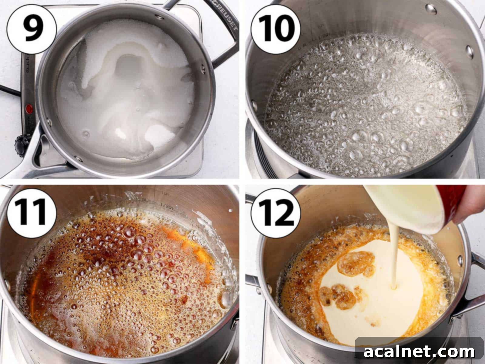 Process Shot Collage: melting the sugar and water in a saucepan until golden.