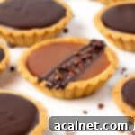 Close up on a caramel tart drizzles with chocolate.